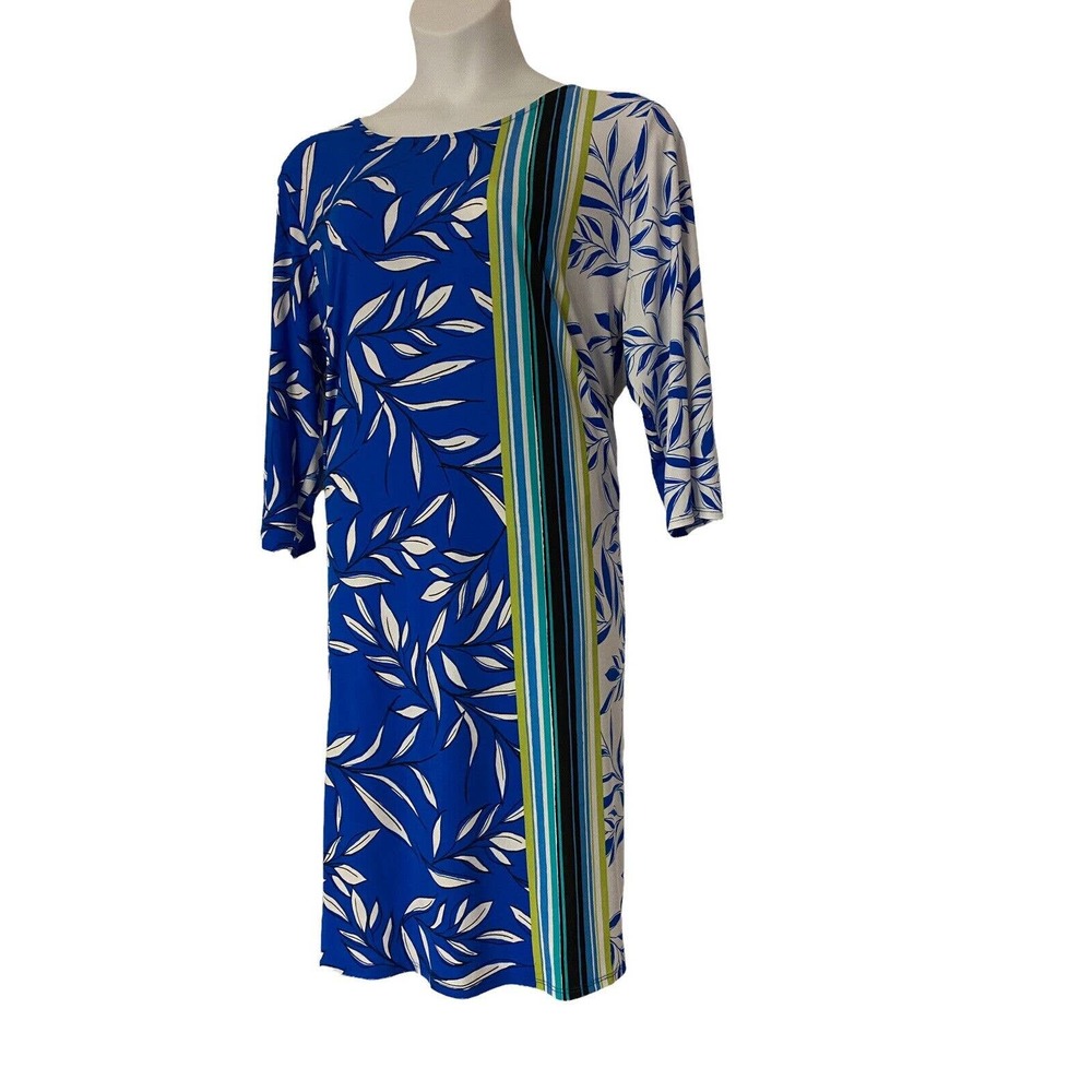 SOLD!  Mixed Leaf Print Calf Length Tunic size 2X Monroe & Main Blue White Top - Picture 3 of 9